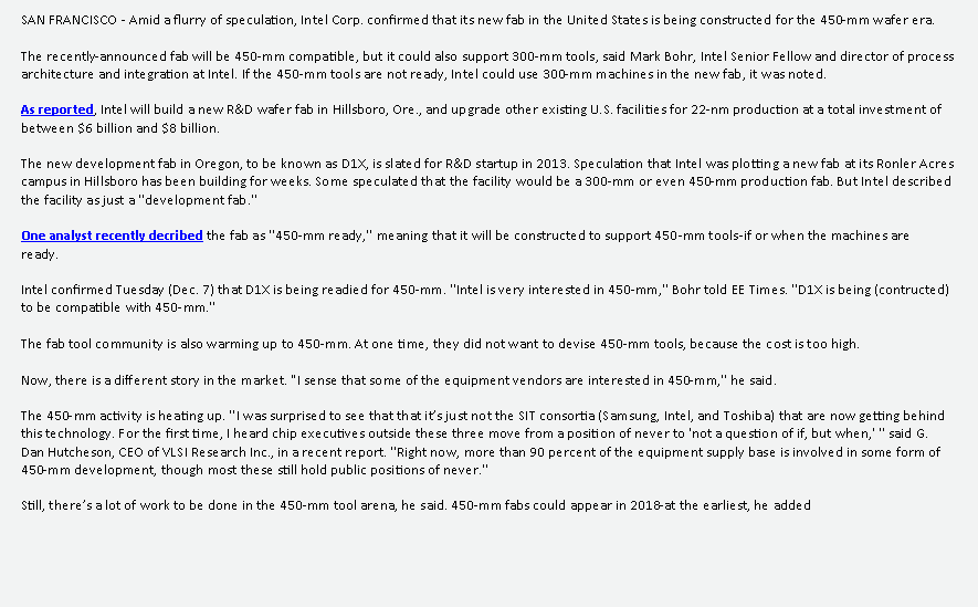 Text Box: SAN FRANCISCO - Amid a flurry of speculation, Intel Corp. confirmed that its new fab in the United States is being constructed for the 450-mm wafer era.  

The recently-announced fab will be 450-mm compatible, but it could also support 300-mm tools, said Mark Bohr, Intel Senior Fellow and director of process architecture and integration at Intel. If the 450-mm tools are not ready, Intel could use 300-mm machines in the new fab, it was noted. 

As reported, Intel will build a new R&D wafer fab in Hillsboro, Ore., and upgrade other existing U.S. facilities for 22-nm production at a total investment of between $6 billion and $8 billion. 

The new development fab in Oregon, to be known as D1X, is slated for R&D startup in 2013. Speculation that Intel was plotting a new fab at its Ronler Acres campus in Hillsboro has been building for weeks. Some speculated that the facility would be a 300-mm or even 450-mm production fab. But Intel described the facility as just a ''development fab.''

One analyst recently decribed the fab as ''450-mm ready,'' meaning that it will be constructed to support 450-mm tools-if or when the machines are ready.  

Intel confirmed Tuesday (Dec. 7) that D1X is being readied for 450-mm. ''Intel is very interested in 450-mm,'' Bohr told EE Times. ''D1X is being (contructed) to be compatible with 450-mm.''

The fab tool community is also warming up to 450-mm. At one time, they did not want to devise 450-mm tools, because the cost is too high.

Now, there is a different story in the market. "I sense that some of the equipment vendors are interested in 450-mm,'' he said.    

The 450-mm activity is heating up. ''I was surprised to see that that its just not the SIT consortia (Samsung, Intel, and Toshiba) that are now getting behind this technology. For the first time, I heard chip executives outside these three move from a position of never to 'not a question of if, but when,' '' said G. Dan Hutcheson, CEO of VLSI Research Inc., in a recent report. ''Right now, more than 90 percent of the equipment supply base is involved in some form of 450-mm development, though most these still hold public positions of never.''

Still, theres a lot of work to be done in the 450-mm tool arena, he said. 450-mm fabs could appear in 2018-at the earliest, he added